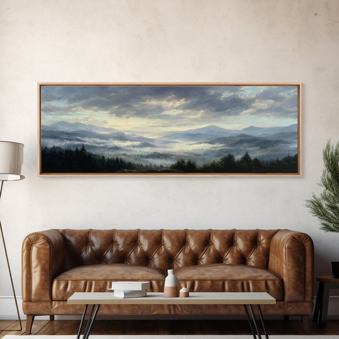 Dramatic Cloudscape over a Distant Valley Framed Canvas Print, Above Sofa Art, Canvas Print, Living Room Decor, Statement, ASA-3x1-69