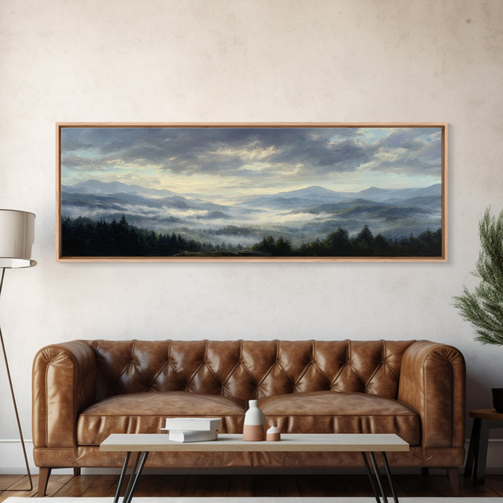 Dramatic Cloudscape over a Distant Valley Framed Canvas Print, Above Sofa Art, Canvas Print, Living Room Decor, Statement, ASA-3x1-69