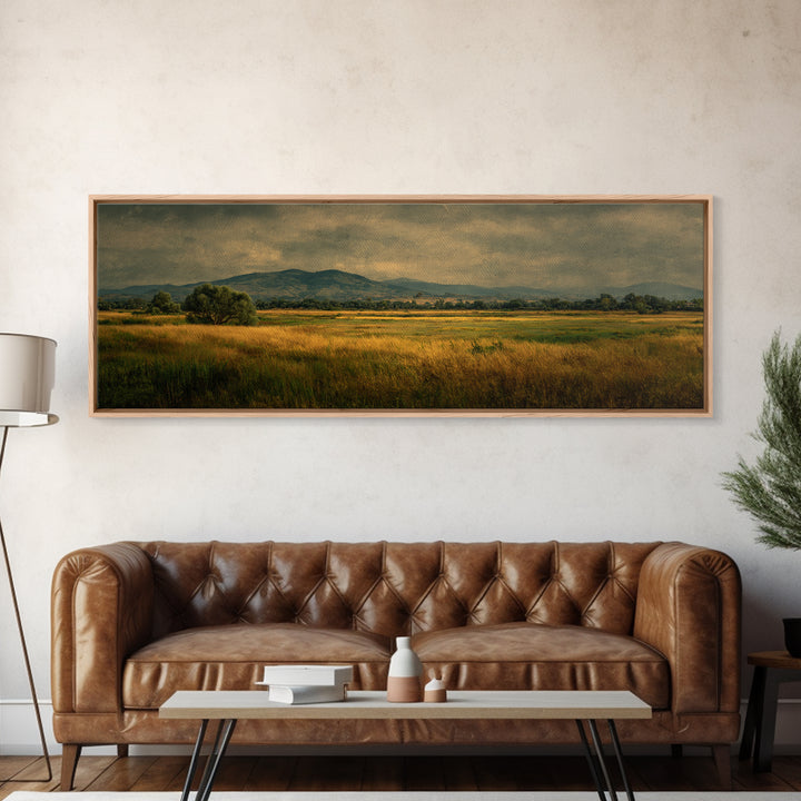 Wide Olive and Beige Meadow Panorama Framed Canvas Print, Above Sofa Art, Boho Wall Art, Living Room Decor, Fine Art, Statement, ASA-3x1-74
