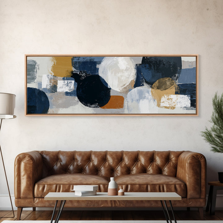 Bold Navy and Ivory Abstract Brushwork Framed Canvas Print, Above Sofa Art, Farmhouse Decor, Living Room Decor, Statement, ASA-3x1-82