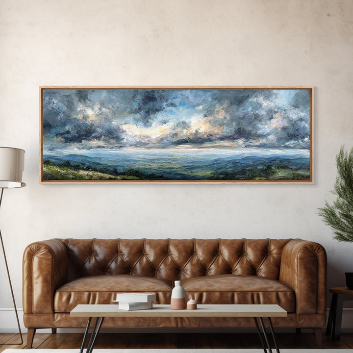Dramatic Cloudscape over a Distant Valley Canvas Print, Above Sofa Art, Coastal Wall Art, Living Room Decor, Oil Painting, ASA-3x1-93