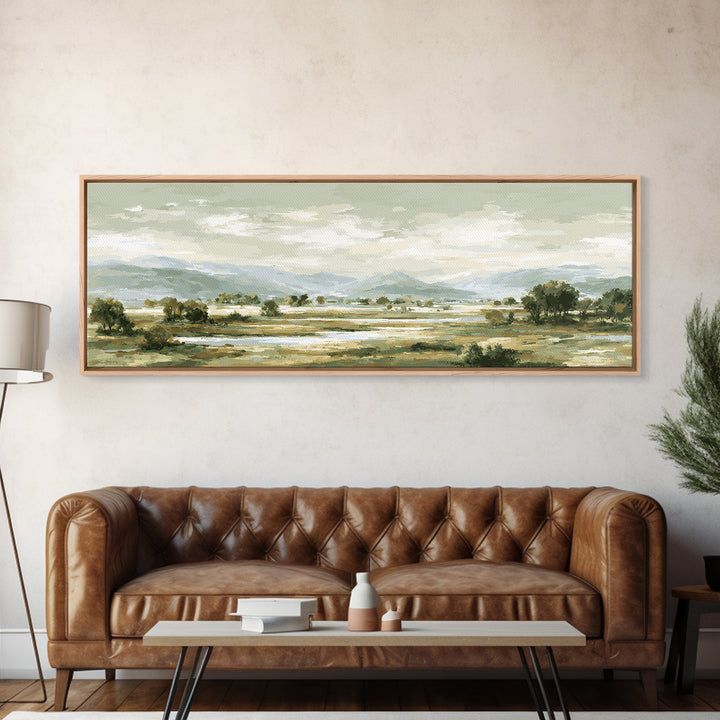 Wide Olive and Beige Meadow Panorama Canvas Print, Above Sofa Art, Canvas Print, Living Room Decor, Oil Painting, Statement, ASA-3x1-98