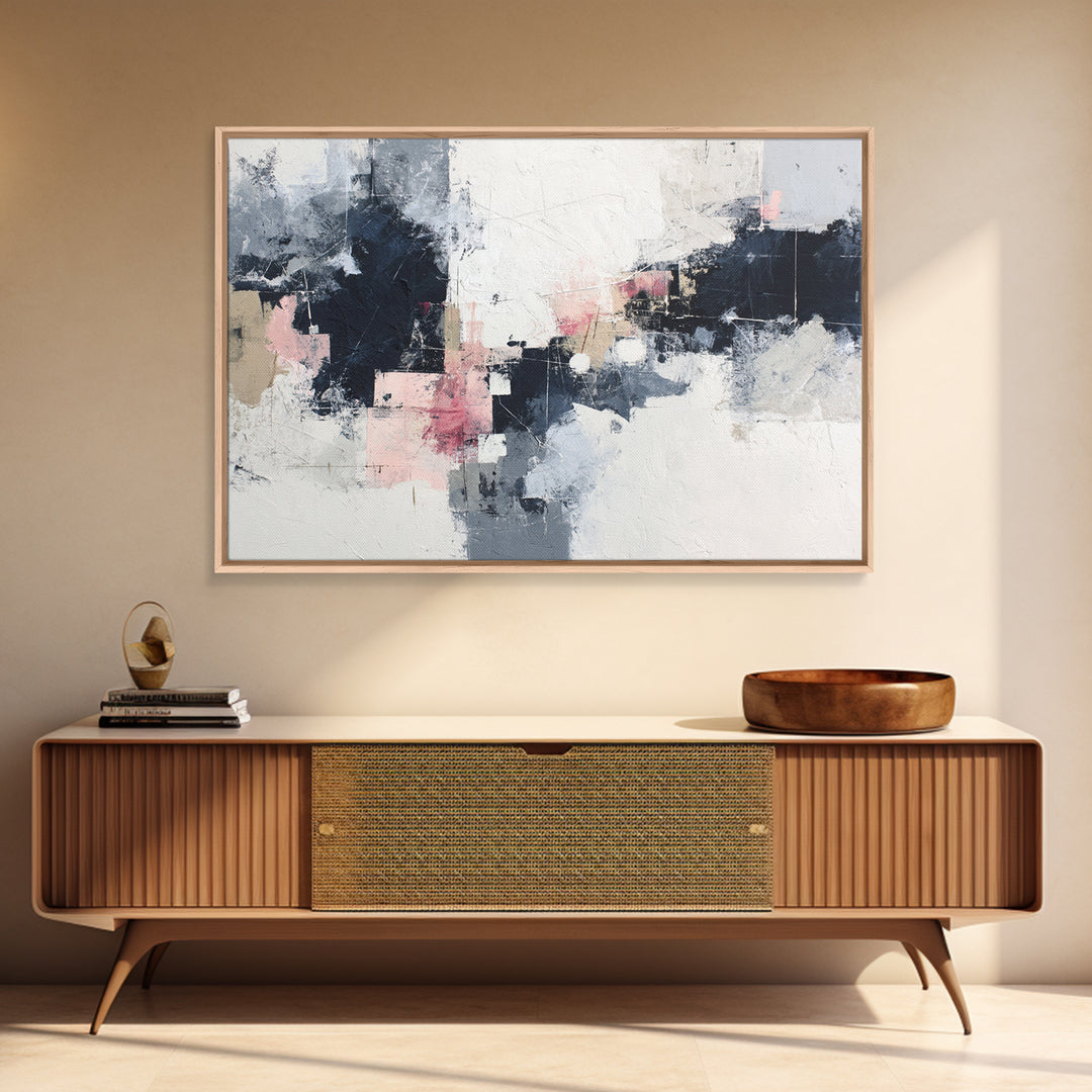 Bold Navy and Ivory Abstract Brushwork Framed Canvas Print, Above Sofa Art, Living Room Decor, Abstract Art, Statement, ASA-3x2-46