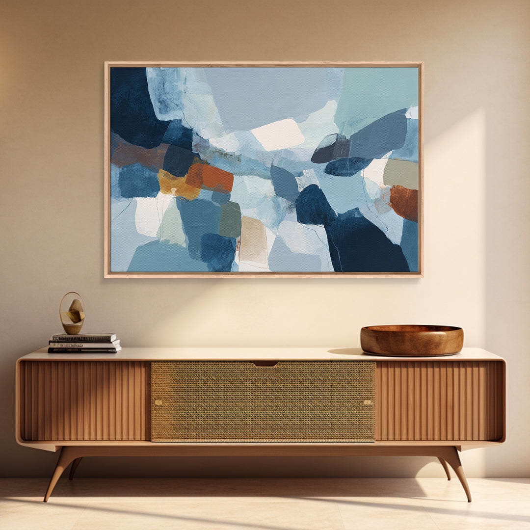 Bold Navy and Ivory Abstract Brushwork Framed Canvas Print, Above Sofa Art, Living Room Decor, Abstract Art, Statement, ASA-3x2-70