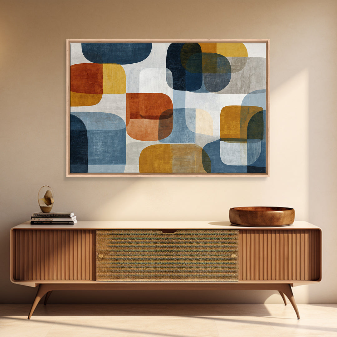Bold Mid Century Geometric Forms Framed Canvas Print, Above Sofa Art, Floral Wall Art, Living Room Decor, Abstract Art, ASA-3x2-80