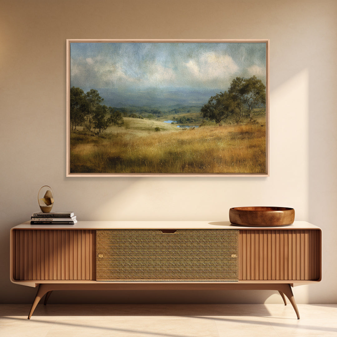 Wide Olive and Beige Meadow Panorama Framed Canvas Print, Above Sofa Art, Horizontal Wall Art, Living Room Decor, Statement, ASA-3x2-86