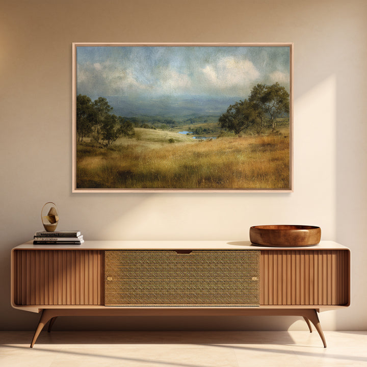 Wide Olive and Beige Meadow Panorama Framed Canvas Print, Above Sofa Art, Horizontal Wall Art, Living Room Decor, Statement, ASA-3x2-86