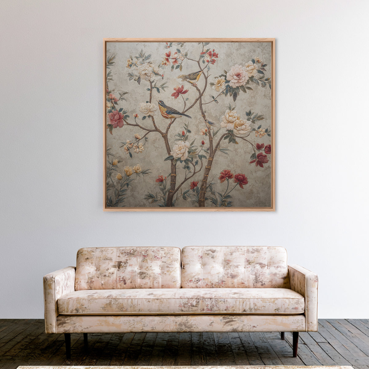 Fan Shaped Composition of Blossoms and Birds Canvas Print, Asian Inspired Art, Japanese Art Print, Living Room Decor, Harmony, ASI-1x1-17