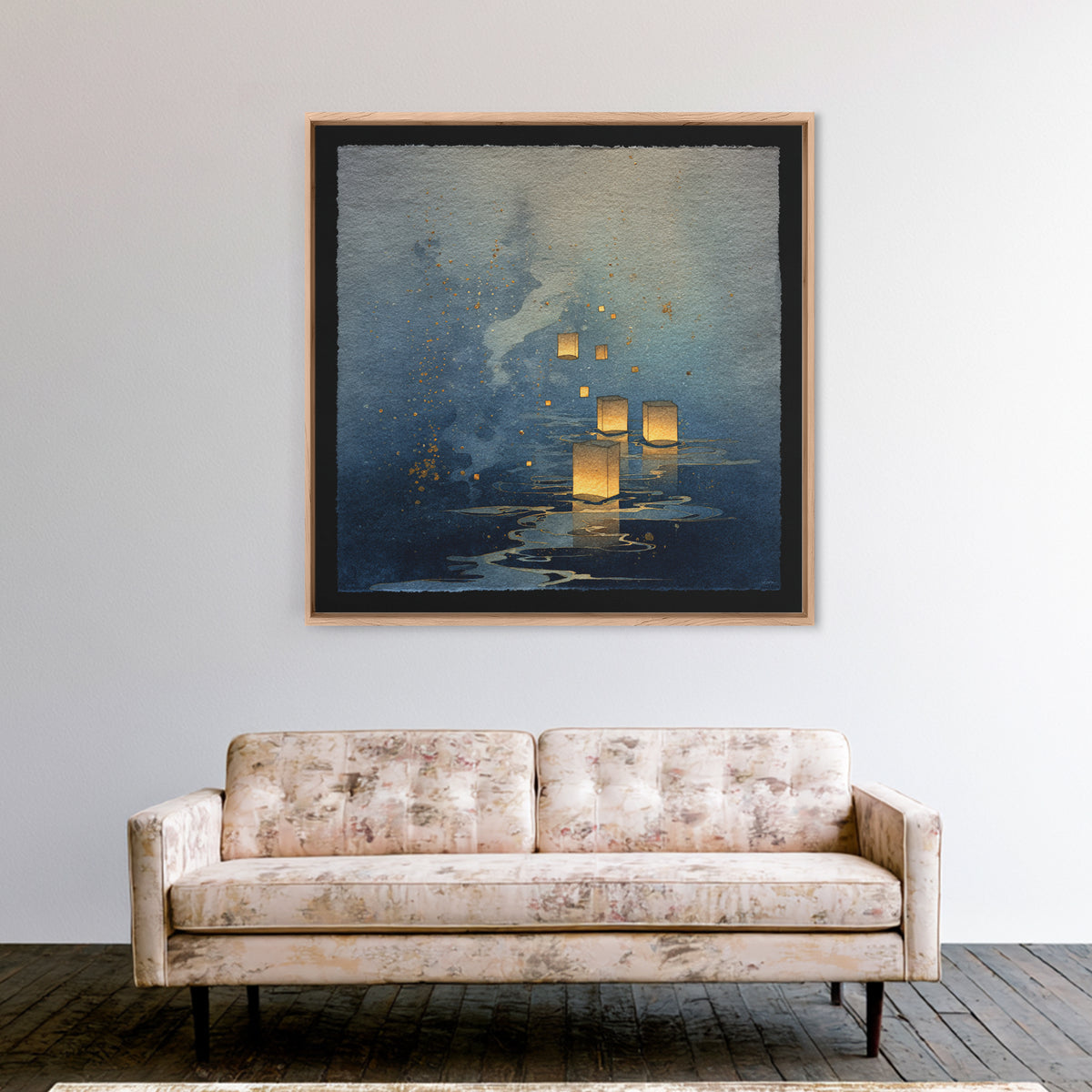 Floating Lanterns over Dark Water with Gentle Canvas Print, Asian Inspired Art, Bedroom Wall Decor, Living Room Decor, Harmony, ASI-1x1-19
