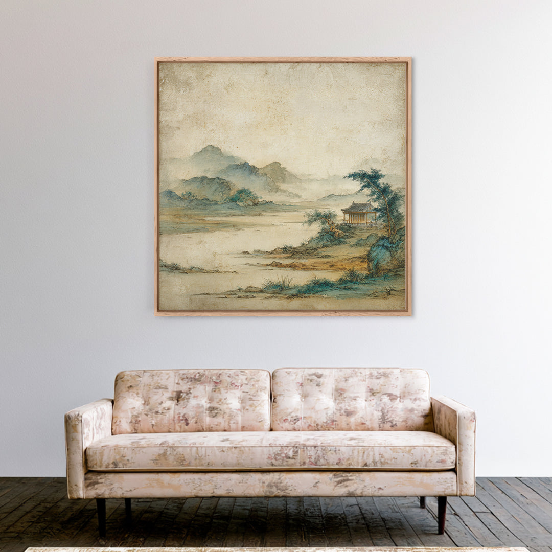 Chinese Mountain Scroll Landscape Framed Canvas Print, Asian Inspired Art, Gallery Decor, Living Room Decor, Fine Art, Harmony, ASI-1x1-32