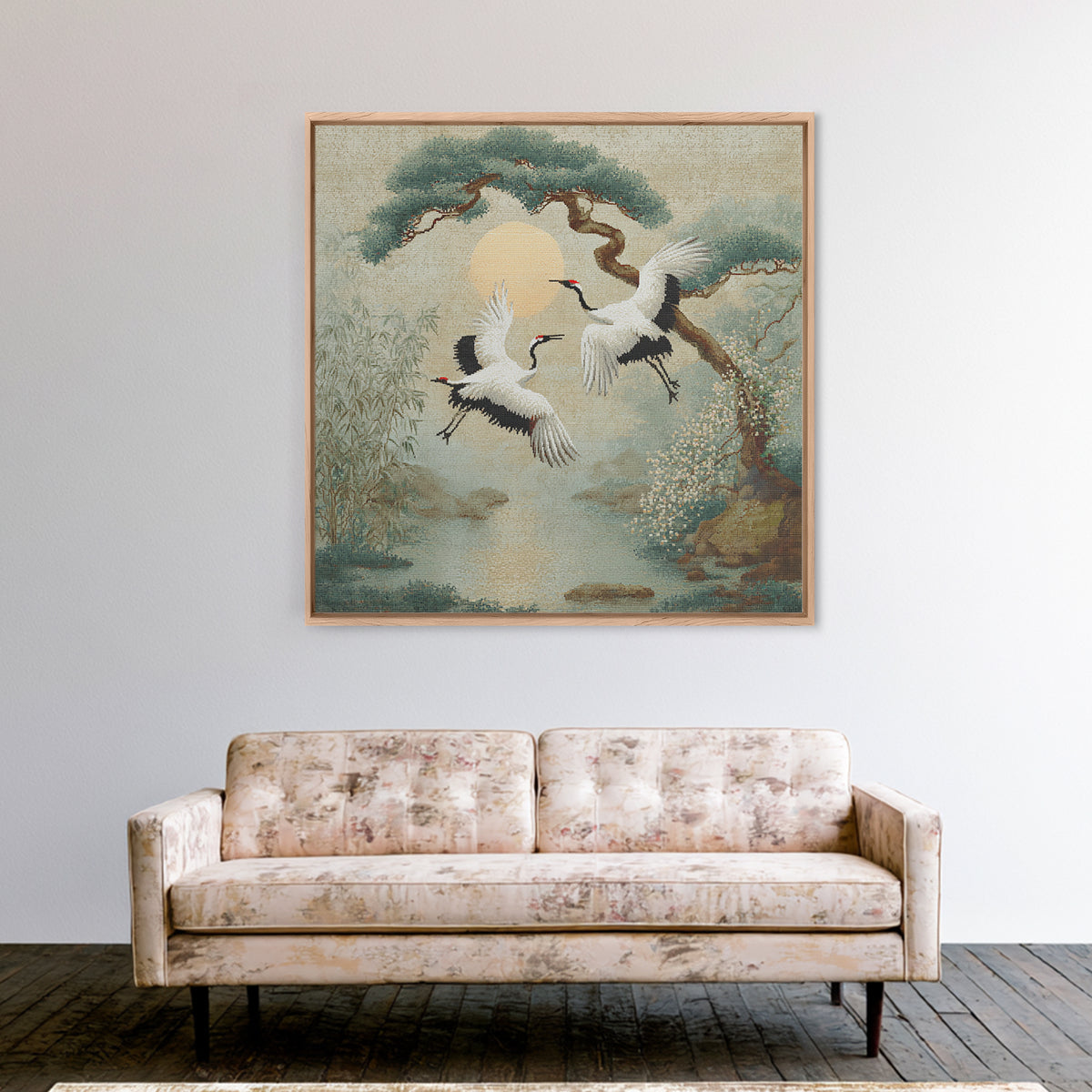 Red Crowned Cranes Flying Through Misty Pine Canvas Print, Asian Inspired Art, Modern Decor, Living Room Decor, Harmony, ASI-1x1-49