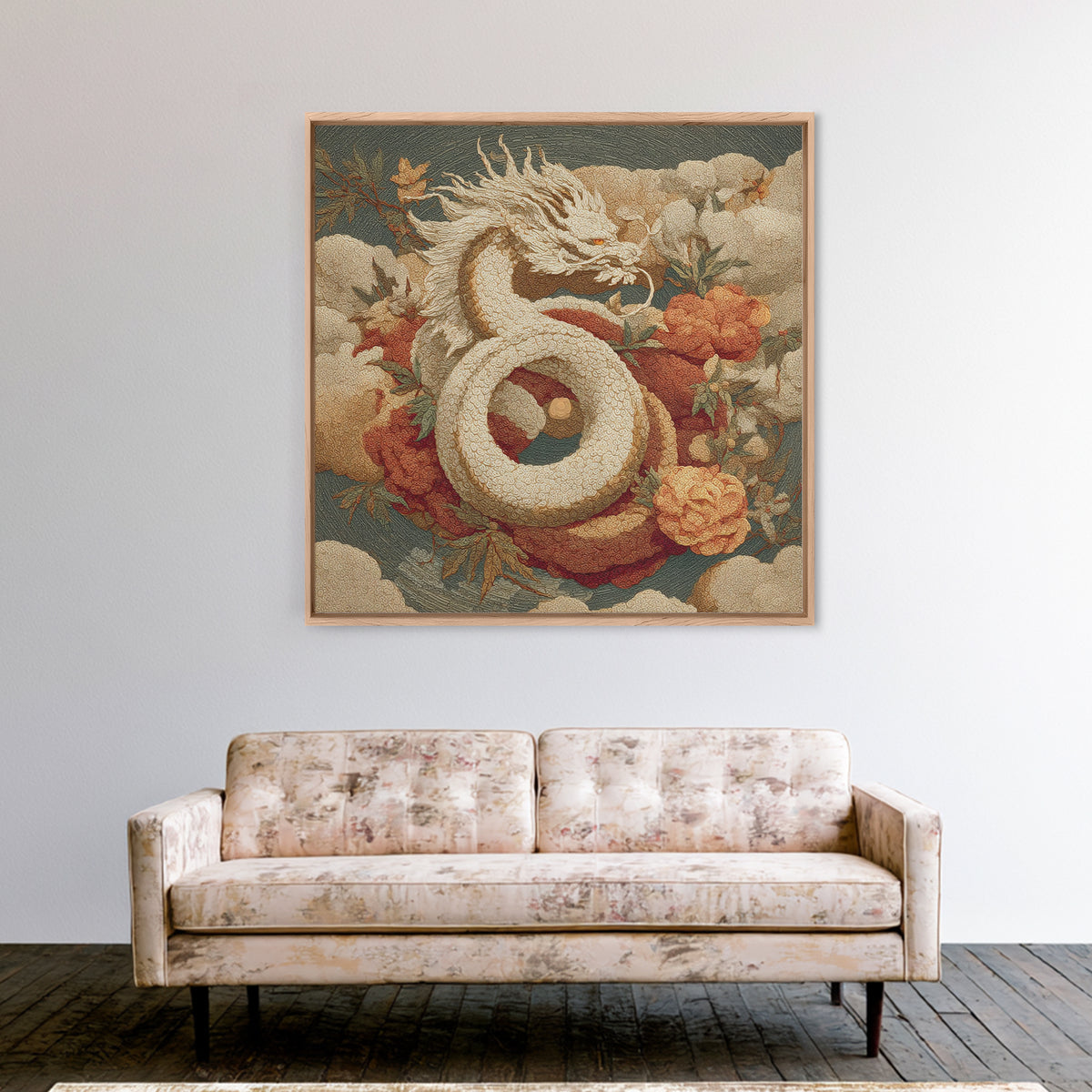 Dragon Curling Through Clouds Framed Canvas Print, Asian Inspired Art, Asian Wall Art, Living Room Decor, Oil Painting, Harmony, ASI-1x1-61