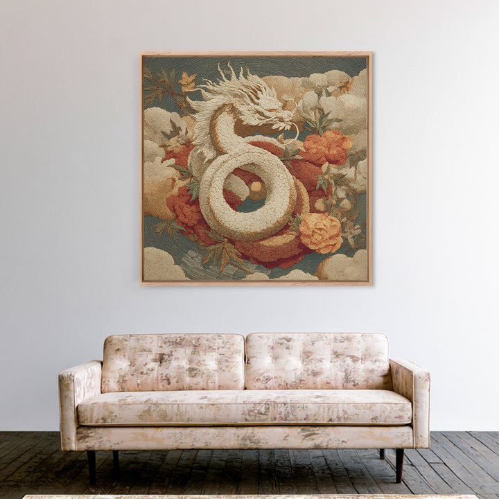 Dragon Curling Through Clouds Framed Canvas Print, Asian Inspired Art, Asian Wall Art, Living Room Decor, Oil Painting, Harmony, ASI-1x1-61