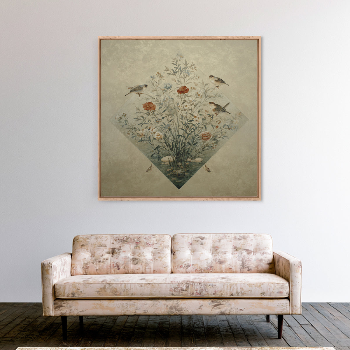 Fan Shaped Composition of Blossoms and Birds Canvas Print, Asian Inspired Art, Gallery Decor, Living Room Decor, Harmony, ASI-1x1-65