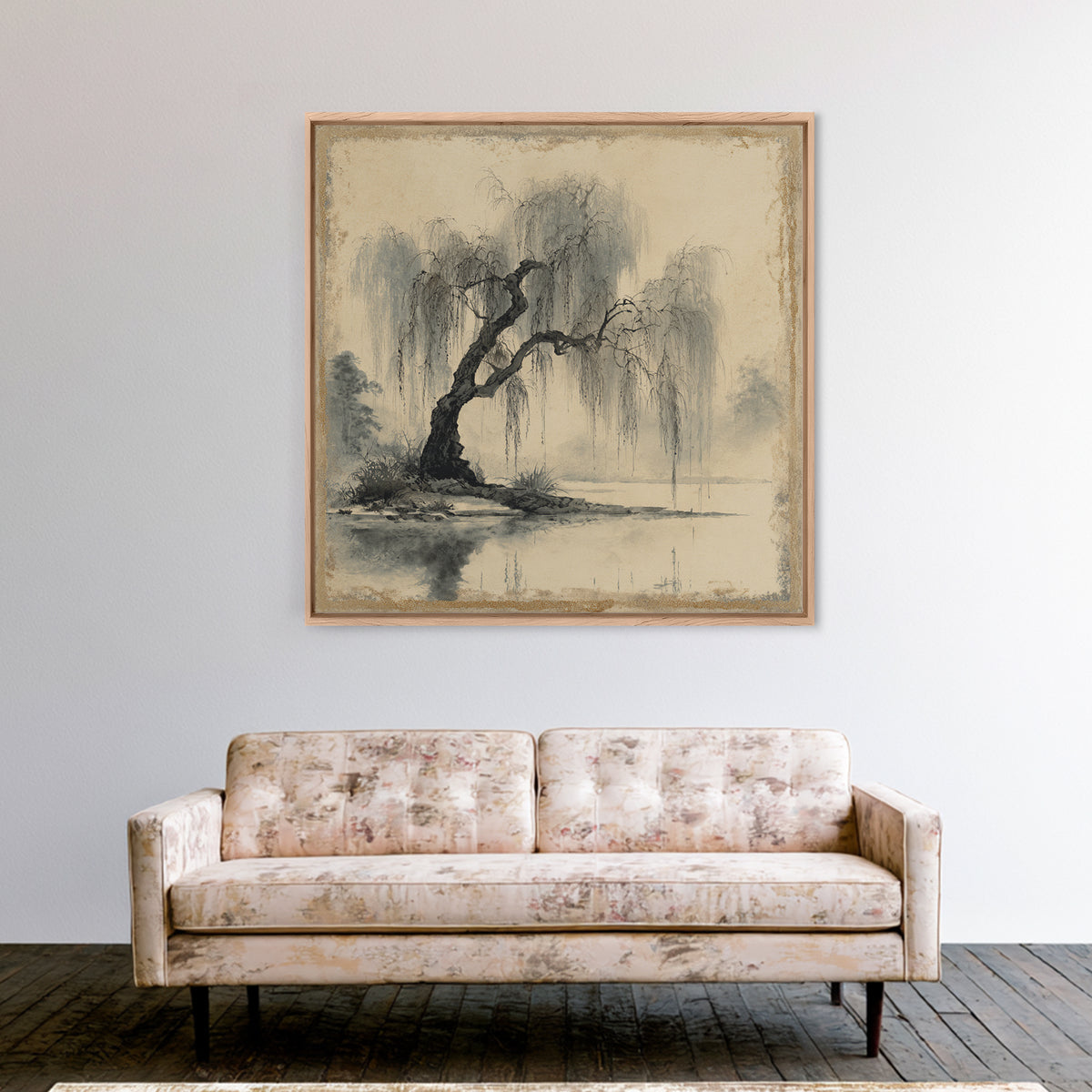 Willow Tree over a Reflective Pond Framed Canvas Print, Asian Inspired Art, Botanical Print, Living Room Decor, Abstract Art, ASI-1x1-66