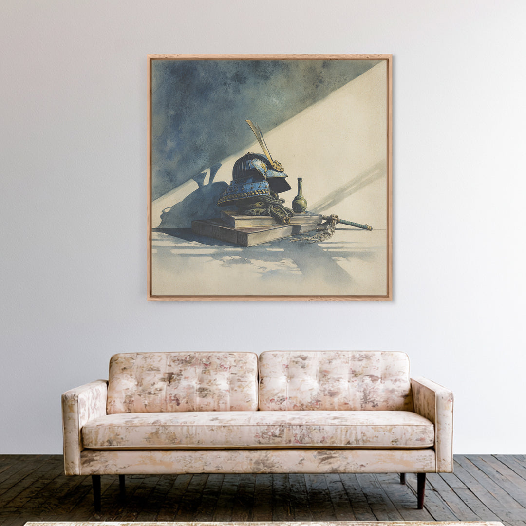 Samurai Helmet Still Life Framed Canvas Print, Asian Inspired Art, Japanese Wall Art, Living Room Decor, Fine Art, Harmony, ASI-1x1-7