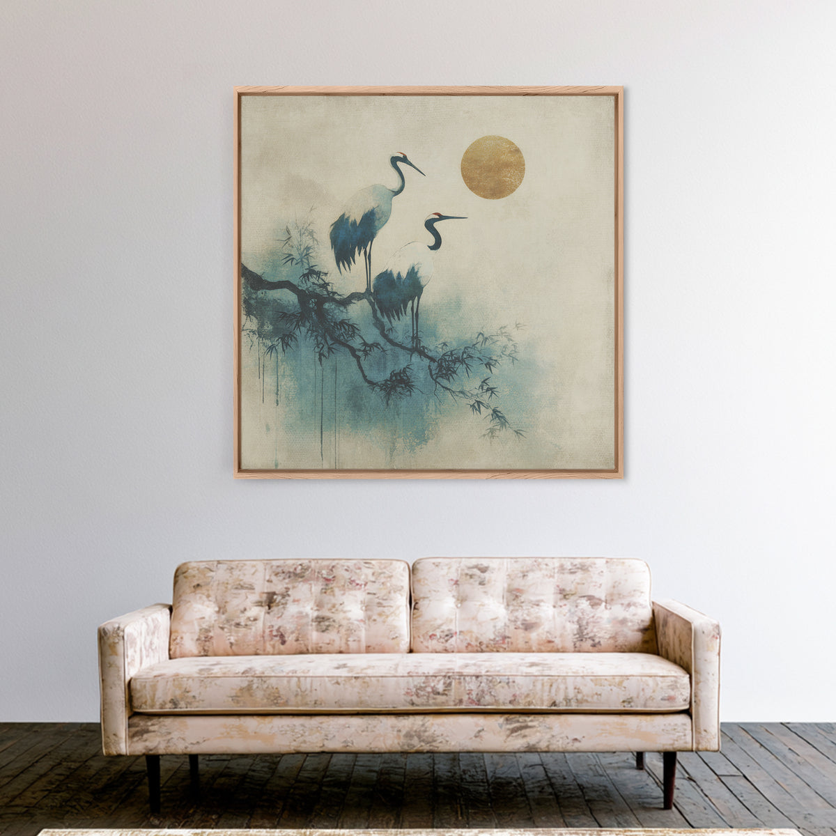 Crane and Moon Composition Framed Canvas Print, Asian Inspired Art, Japanese Art Print, Living Room Decor, Abstract Art, ASI-1x1-72