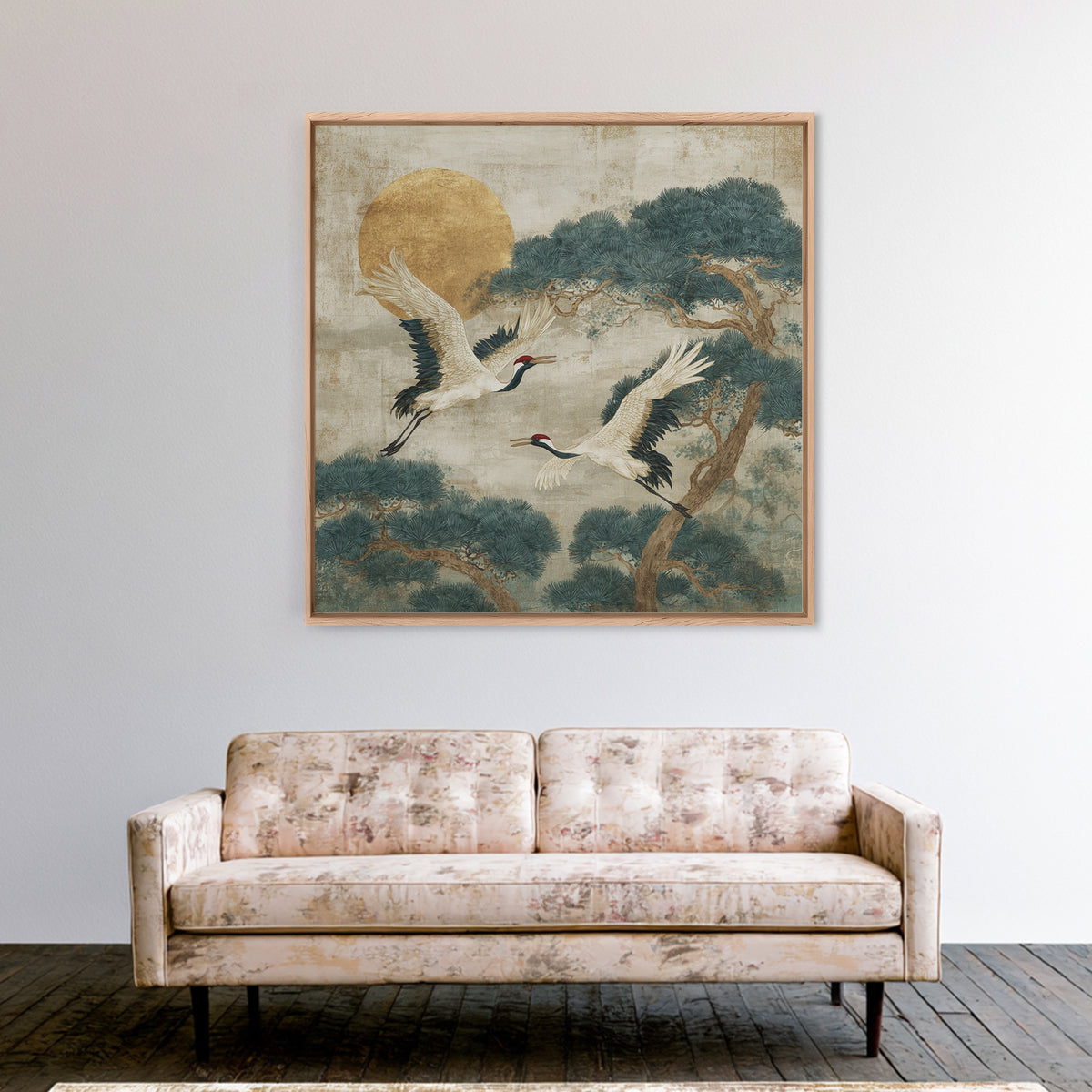 Red Crowned Cranes Flying Through Misty Pine Canvas Print, Asian Inspired Art, Art Print, Living Room Decor, Harmony, ASI-1x1-73