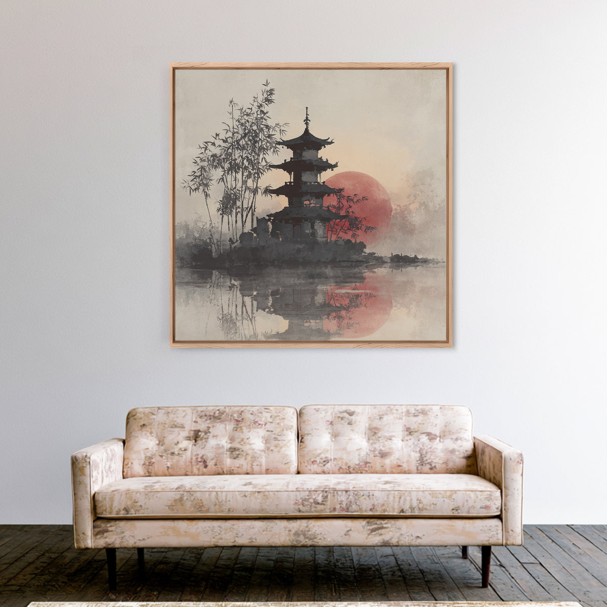 Pagoda Silhouette at Sunset Framed Canvas Print, Asian Inspired Art, Statement Artwork, Living Room Decor, Fine Art, Harmony, ASI-1x1-83