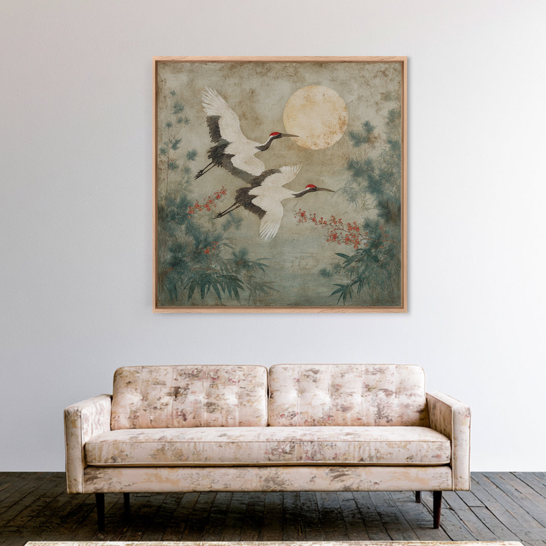 Red Crowned Cranes Flying Through Misty Pine Canvas Print, Asian Inspired Art, Wall Art, Living Room Decor, Oil Painting, ASI-1x1-97