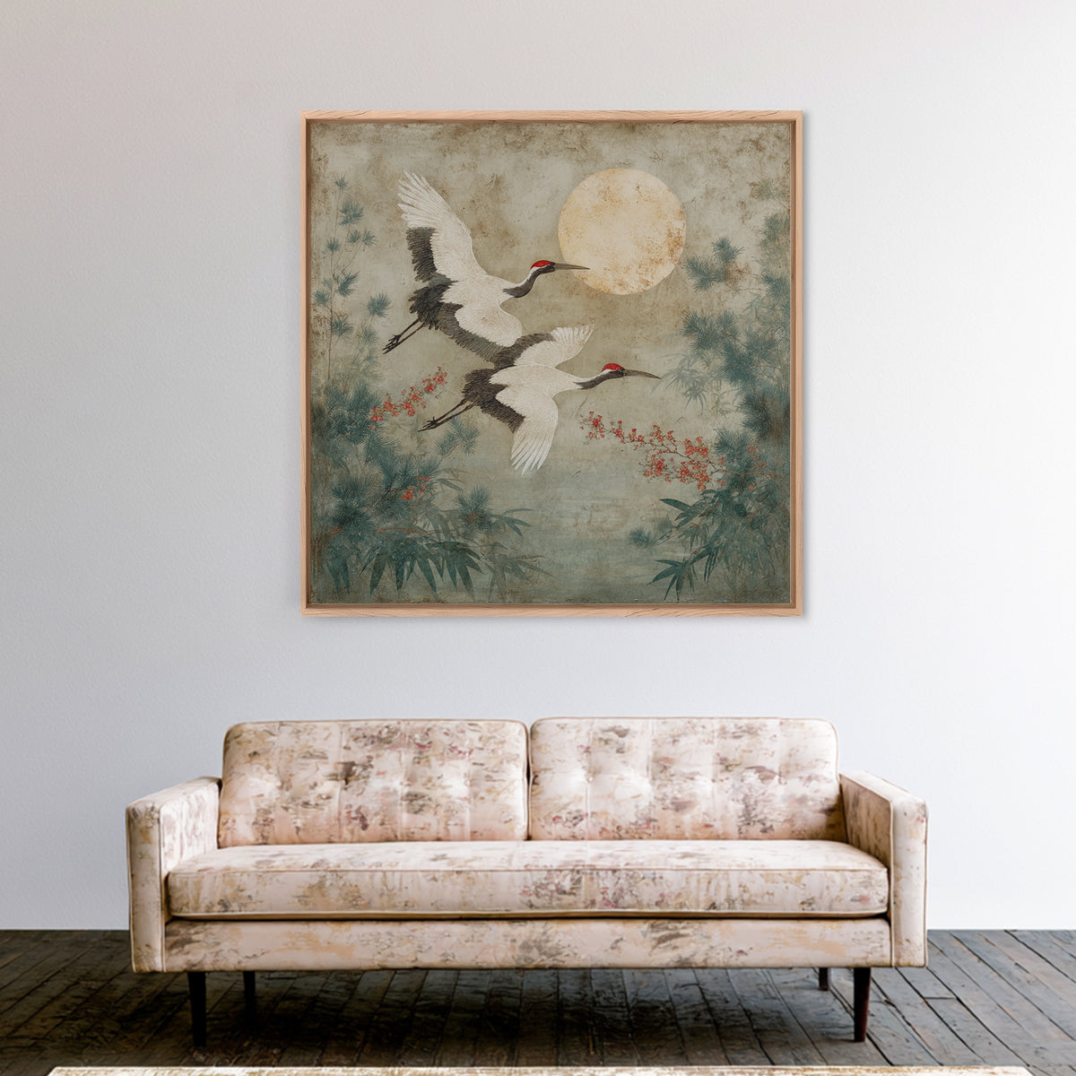 Red Crowned Cranes Flying Through Misty Pine Canvas Print, Asian Inspired Art, Wall Art, Living Room Decor, Oil Painting, ASI-1x1-97