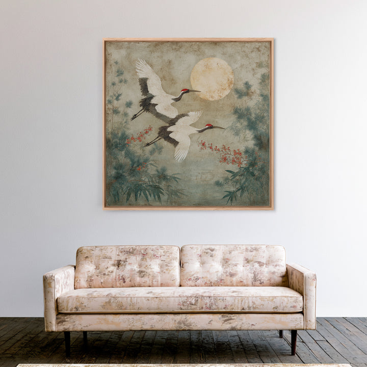 Red Crowned Cranes Flying Through Misty Pine Canvas Print, Asian Inspired Art, Wall Art, Living Room Decor, Oil Painting, ASI-1x1-97