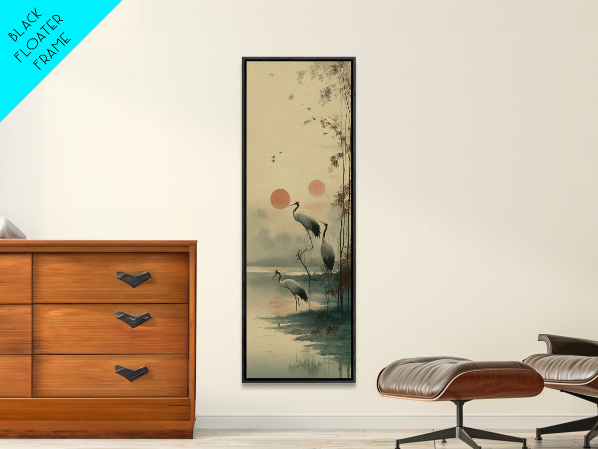 Crane and Moon Composition Canvas Print, Asian Inspired Art, Boho Decor, Living Room Decor, Oil Painting, Harmony, Digital Art, ASI-1x3-12