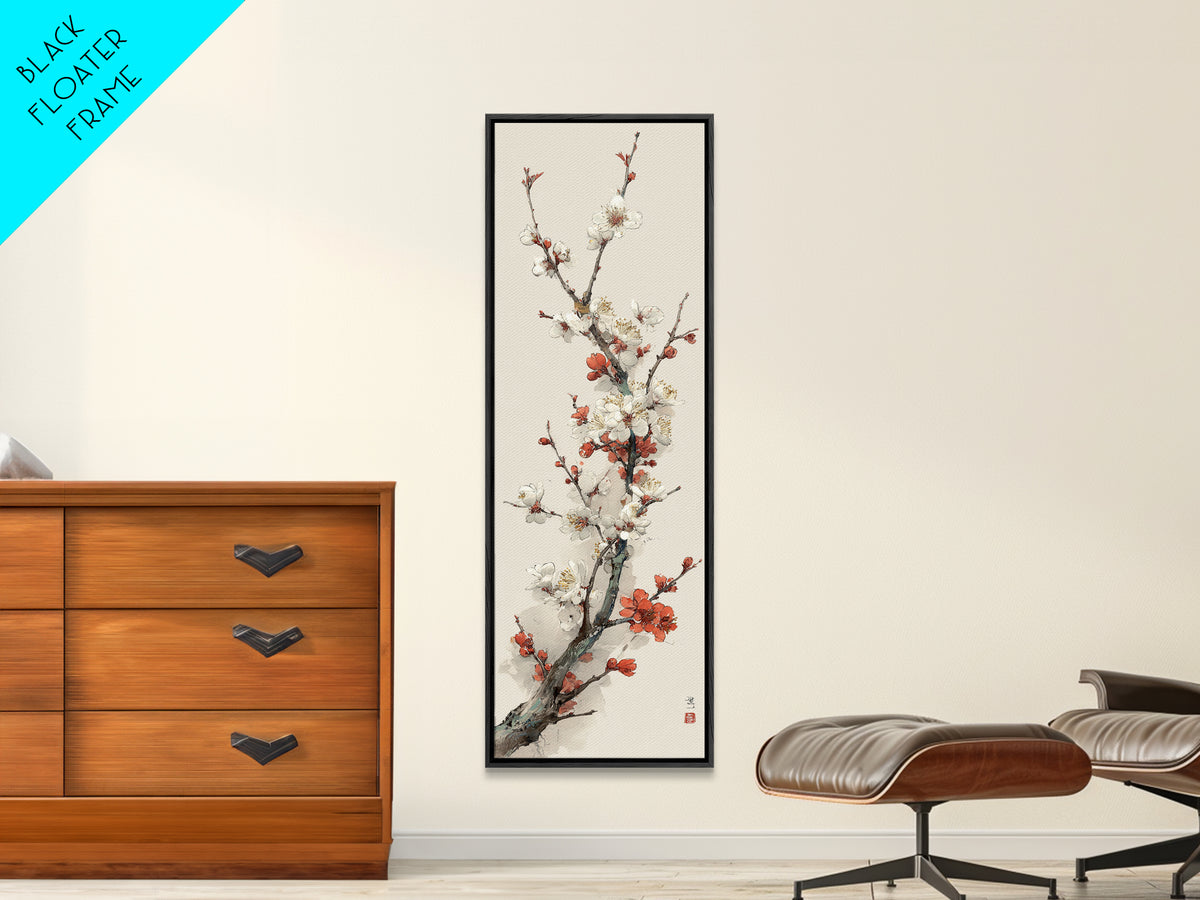 Plum Blossom Branch Painted Framed Canvas Print, Asian Inspired Art, Art Print, Living Room Decor, Oil Painting, Harmony, ASI-1x3-24