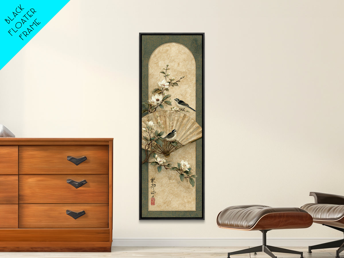 Fan Shaped Composition of Blossoms and Birds Canvas Print, Asian Inspired Art, Modern Decor, Living Room Decor, Harmony, ASI-1x3-29