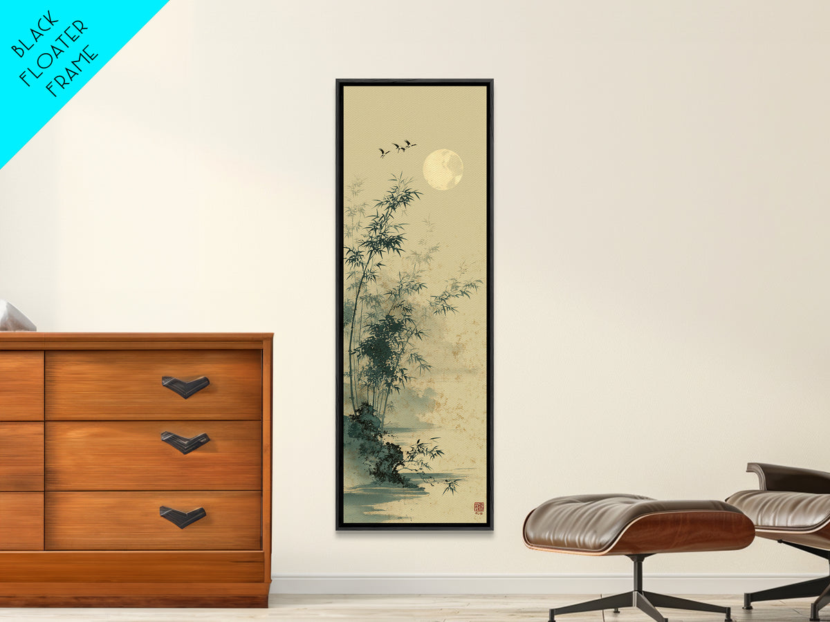 Crane and Moon Composition Canvas Print, Asian Inspired Art, Living Room Decor, Abstract Art, Harmony, Farmhouse Wall Art, ASI-1x3-60