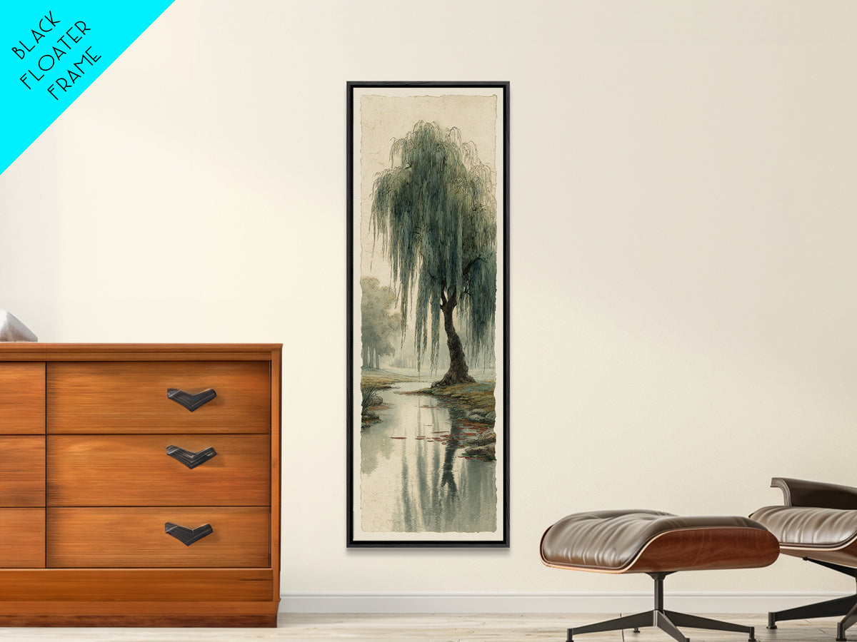 Willow Tree over a Reflective Pond Canvas Print, Asian Inspired Art, Asian Wall Art, Living Room Decor, Fine Art, Harmony, ASI-1x3-78