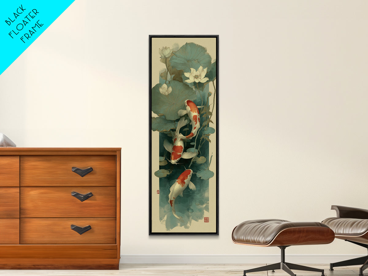 Koi Fish Circling Beneath Floating Lotus Blossoms Canvas Print, Asian Inspired Art, Luxury Decor, Living Room Decor, Harmony, ASI-1x3-86