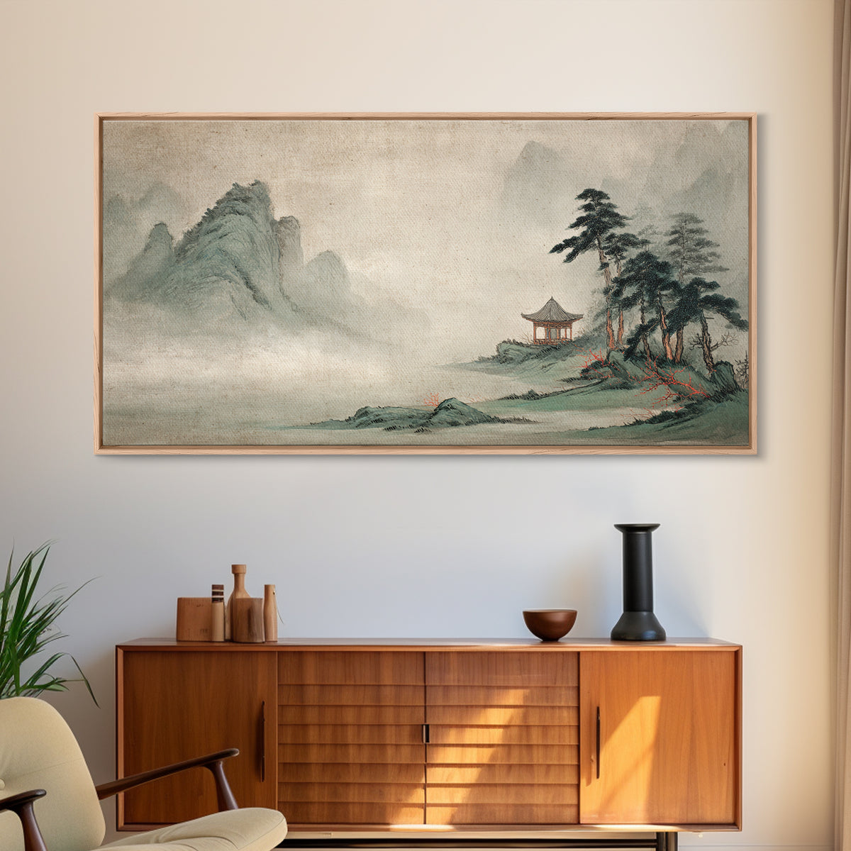 Chinese Mountain Scroll Landscape Framed Canvas Print, Asian Inspired Art, Floral Art, Living Room Decor, Oil Painting, Harmony, ASI-2x1-100
