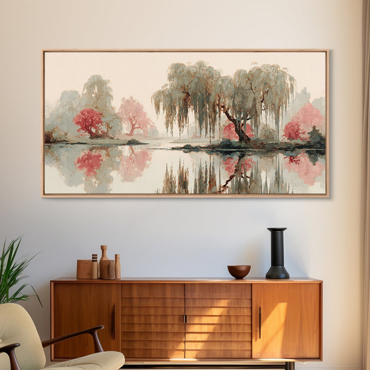 Willow Tree over a Reflective Pond Framed Canvas Print, Asian Inspired Art, Fine Art Print, Living Room Decor, Watercolor Art, ASI-2x1-14