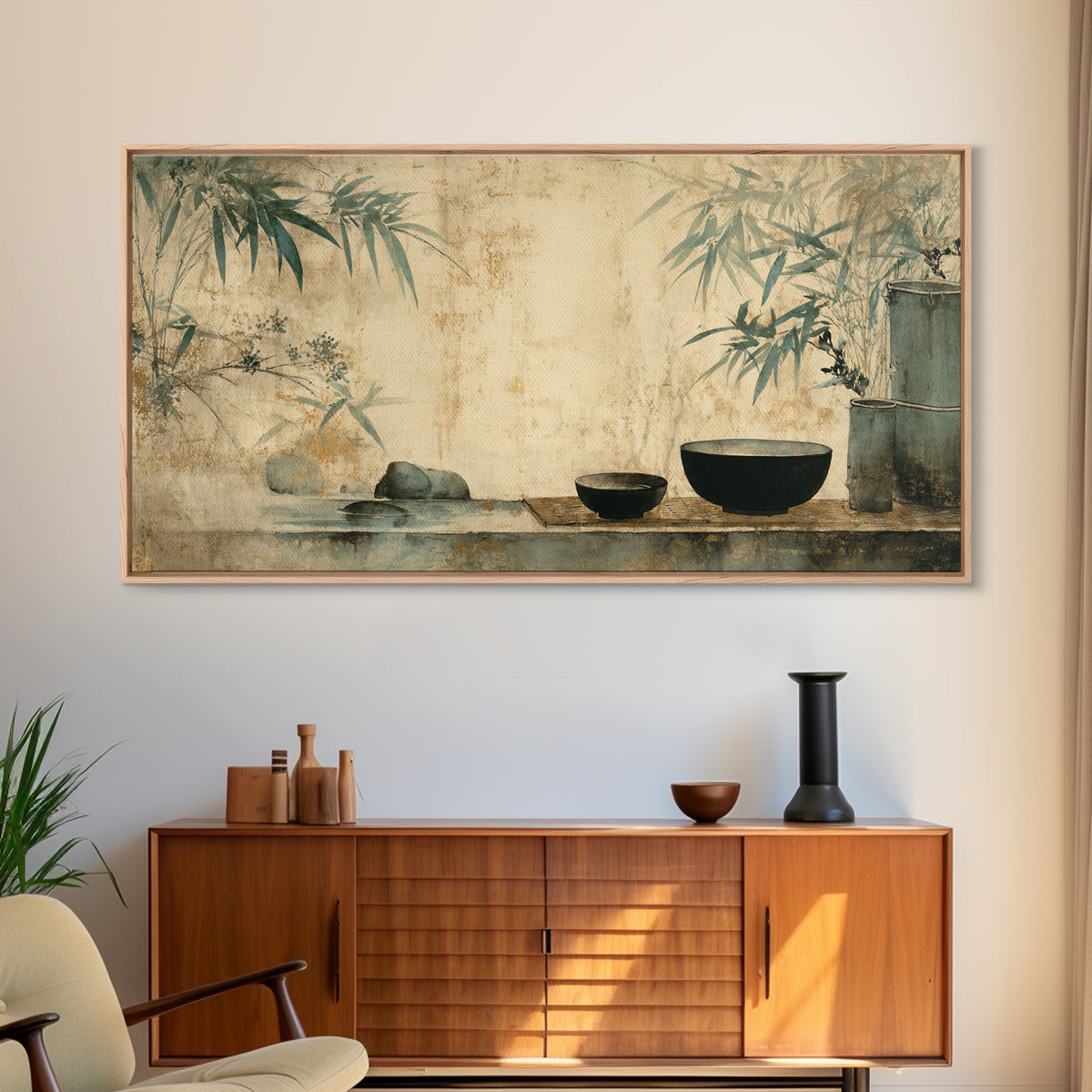 Tea Bowl and Steam Still Life on Framed Canvas Print, Asian Inspired Art, Living Room Decor, Oil Painting, Harmony, ASI-2x1-35