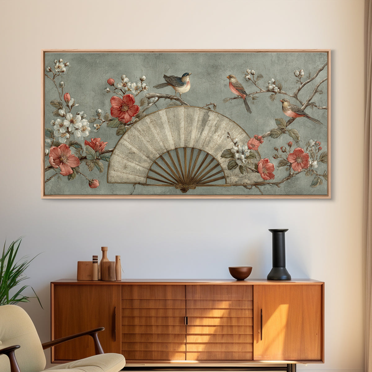 Fan Shaped Composition of Blossoms and Birds Canvas Print, Asian Inspired Art, Minimalist Decor, Living Room Decor, Harmony, ASI-2x1-37