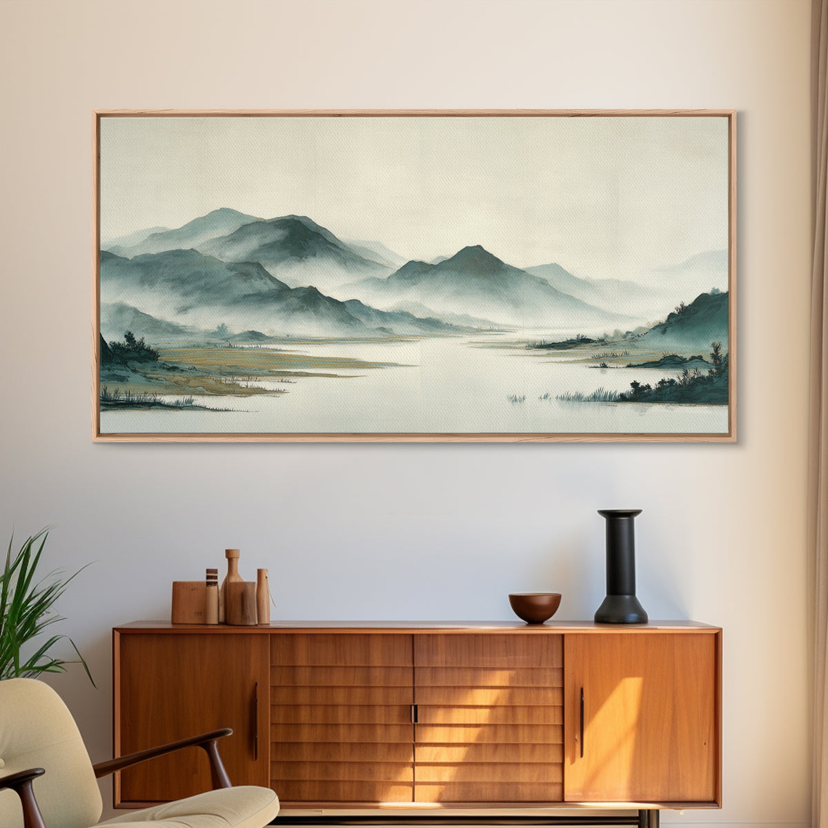 Japanese Ink Landscape Canvas Print, Asian Inspired Art, Wall Decor, Living Room Decor, Fine Art, Harmony, Farmhouse Wall Art, ASI-2x1-48