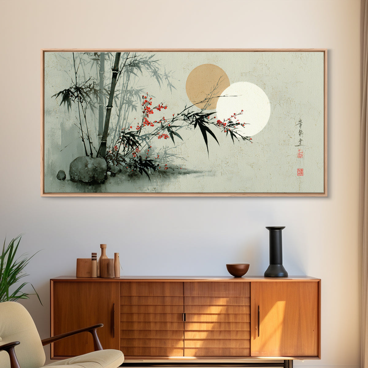 Golden Moon Behind Bamboo Silhouettes Canvas Print, Asian Inspired Art, Art Nouveau, Living Room Decor, Fine Art, Harmony, ASI-2x1-49