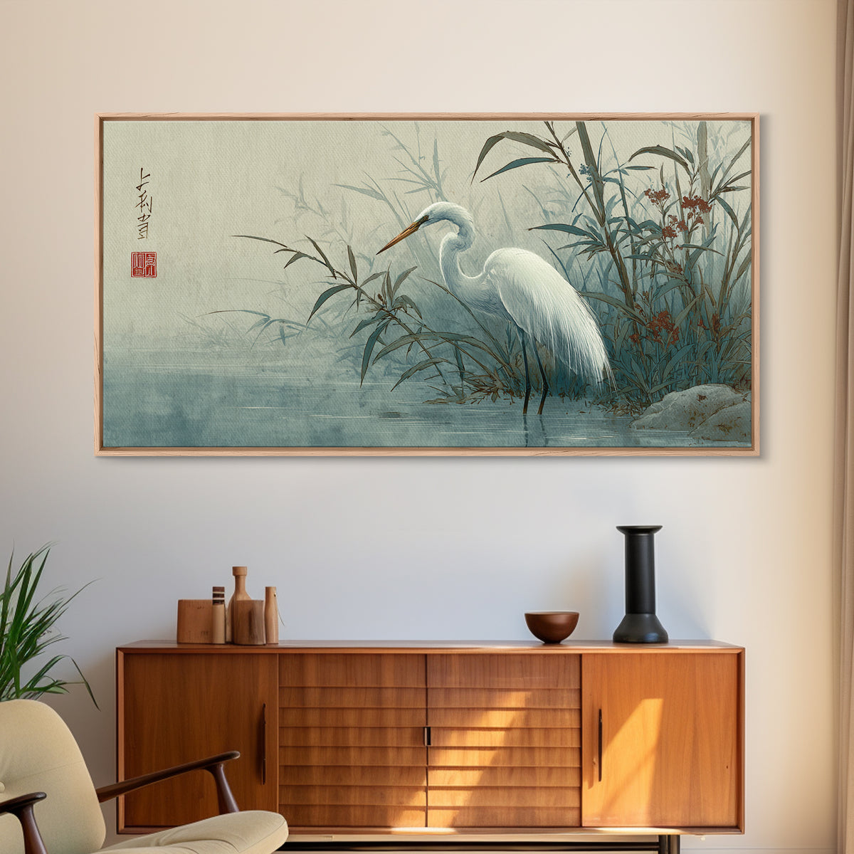 White Heron Standing Canvas Print, Asian Inspired Art, Printable Art, Living Room Decor, Oil Painting, Harmony, ASI-2x1-53
