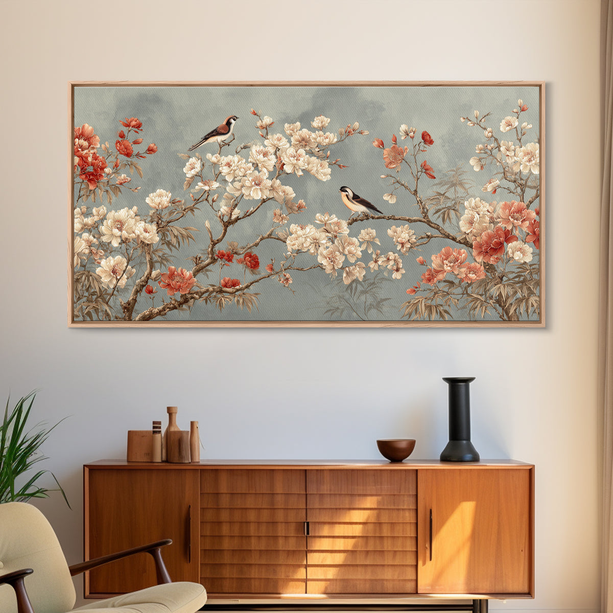 Fan Shaped Composition of Blossoms and Birds Canvas Print, Asian Inspired Art, Digital Art, Living Room Decor, Abstract Art, ASI-2x1-61