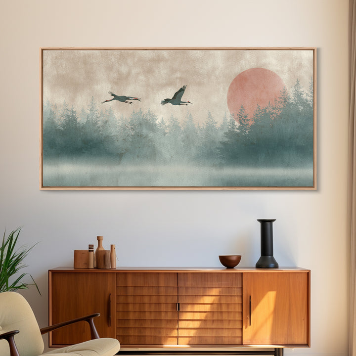Crane and Moon Composition Canvas Print, Asian Inspired Art, Printable Art, Living Room Decor, Watercolor Art, Harmony, ASI-2x1-68