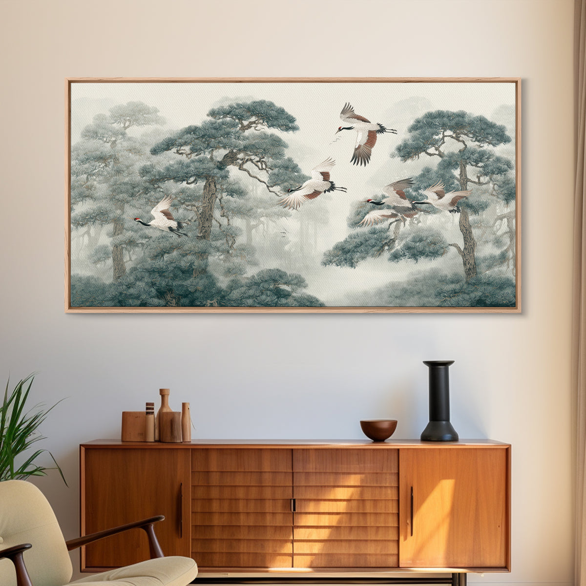 Red Crowned Cranes Flying Through Misty Pine Canvas Print, Asian Inspired Art, Japanese Art, Living Room Decor, Harmony, ASI-2x1-69