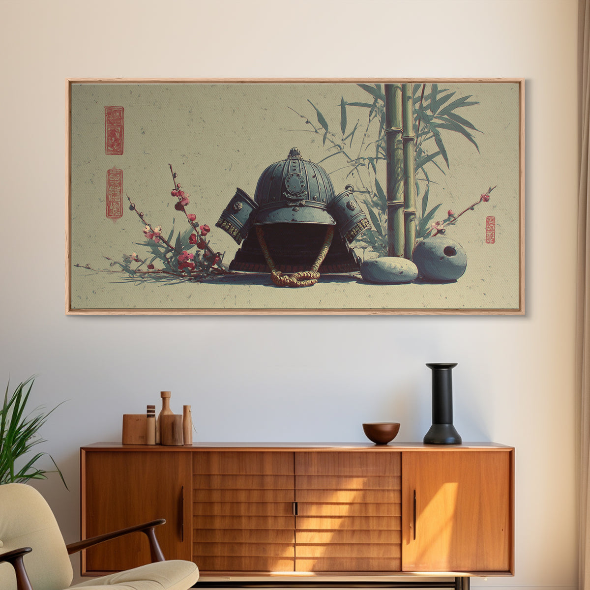 Samurai Helmet Still Life Framed Canvas Print, Asian Inspired Art, Boho Decor, Living Room Decor, Harmony, Digital Art, ASI-2x1-75