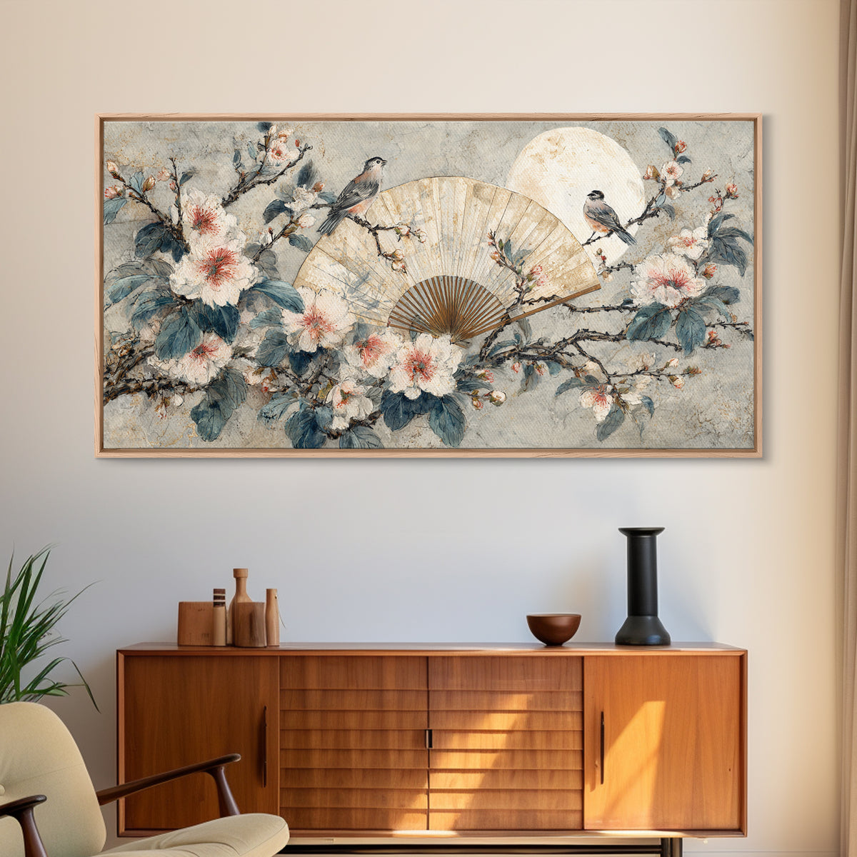 Fan Shaped Composition of Blossoms and Birds Canvas Print, Asian Inspired Art, Unique Wall Art, Living Room Decor, Harmony, ASI-2x1-85