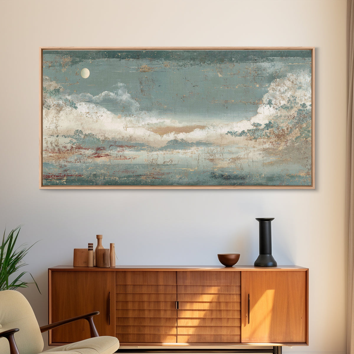 Crane and Moon Composition Framed Canvas Print, Asian Inspired Art, Bedroom Wall Decor, Living Room Decor, Oil Painting, ASI-2x1-92
