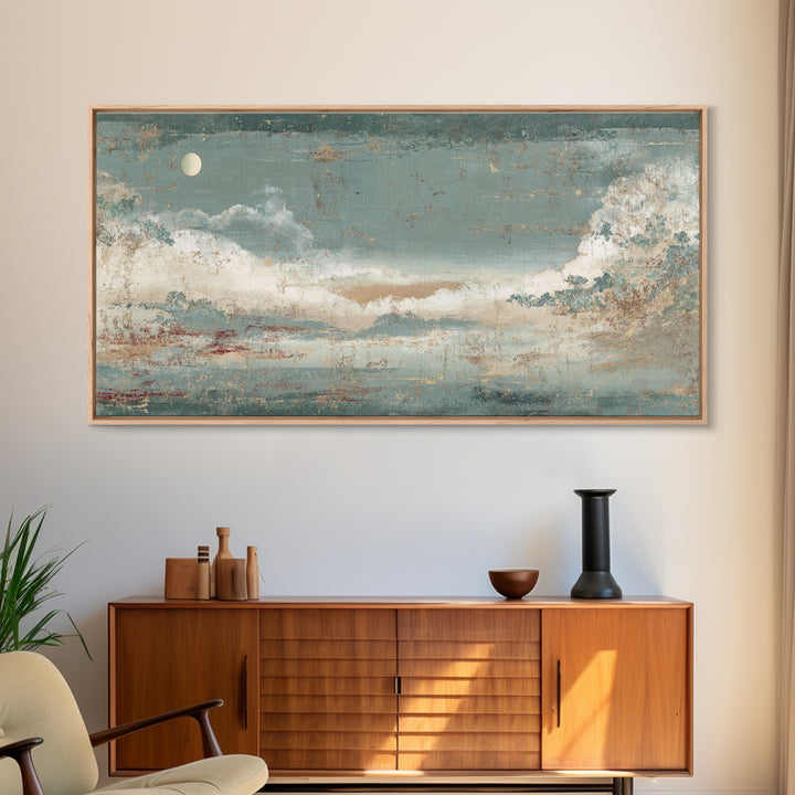 Crane and Moon Composition Framed Canvas Print, Asian Inspired Art, Bedroom Wall Decor, Living Room Decor, Oil Painting, ASI-2x1-92