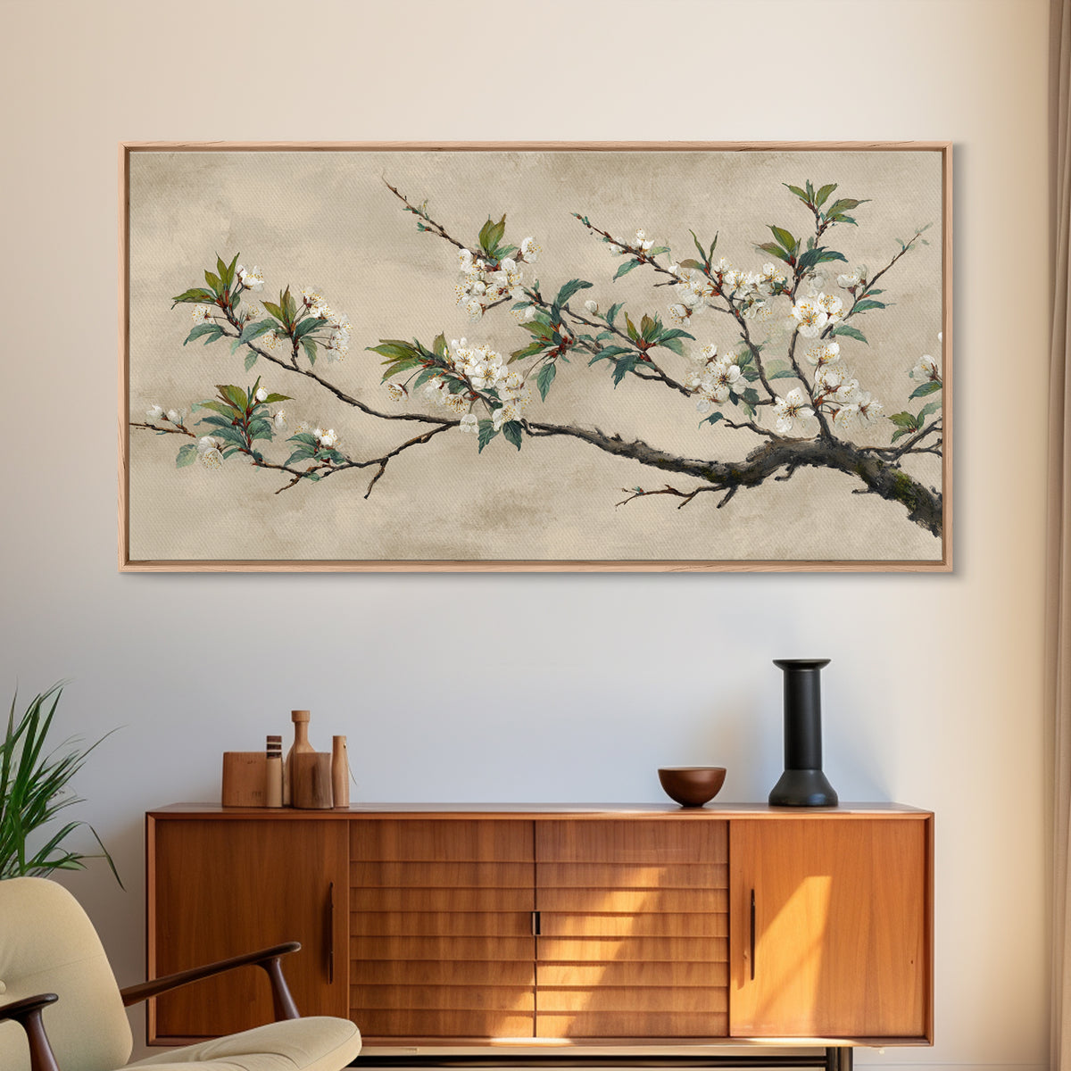 Cherry Blossom Branch Framed Canvas Print, Asian Inspired Art, Asian Art, Living Room Decor, Oil Painting, Harmony, ASI-2x1-95