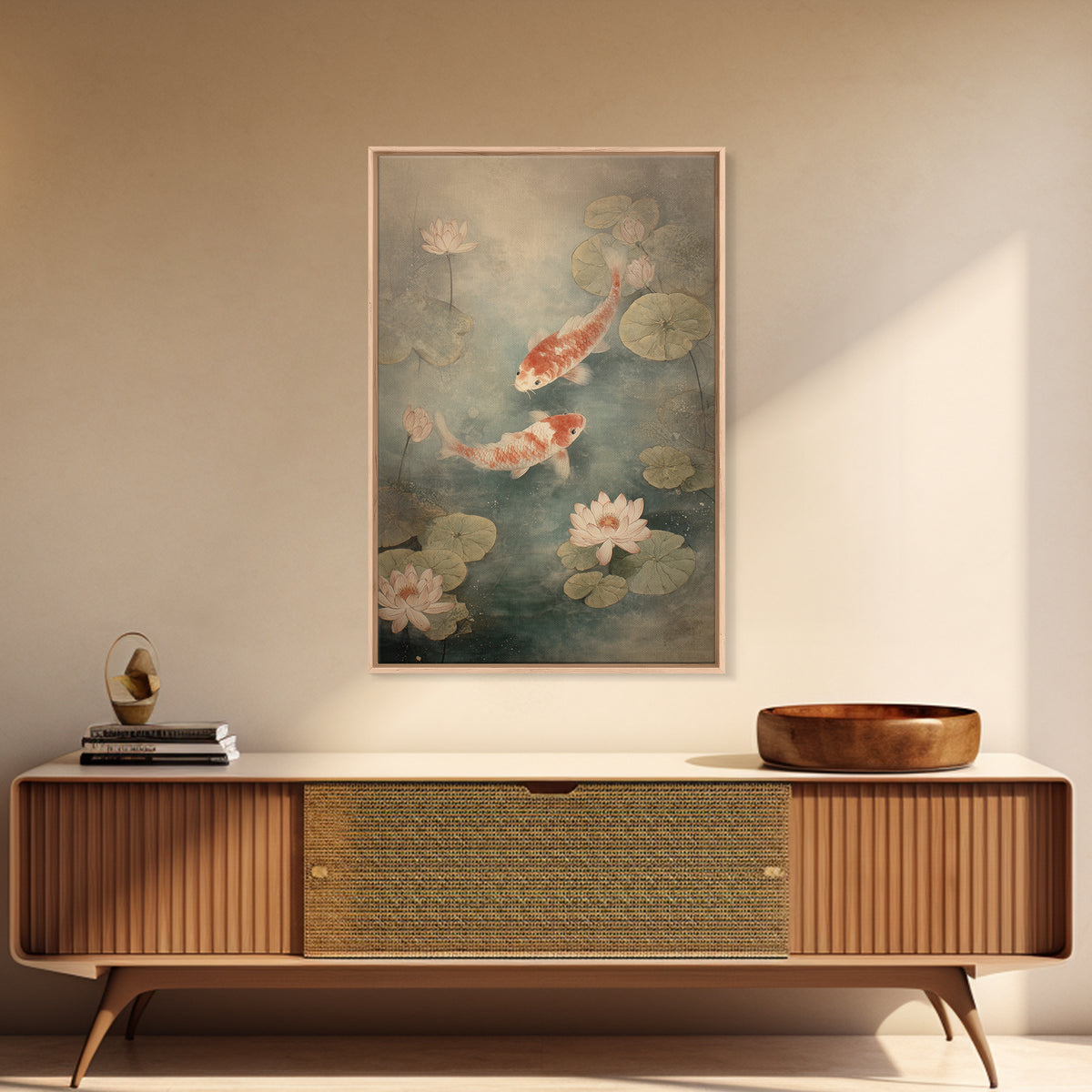 Koi Fish Circling Beneath Floating Lotus Blossoms Canvas Print, Asian Inspired Art, Luxury Decor, Living Room Decor, Harmony, ASI-2x3-10