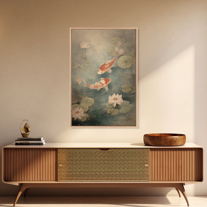 Koi Fish Circling Beneath Floating Lotus Blossoms Canvas Print, Asian Inspired Art, Luxury Decor, Living Room Decor, Harmony, ASI-2x3-10