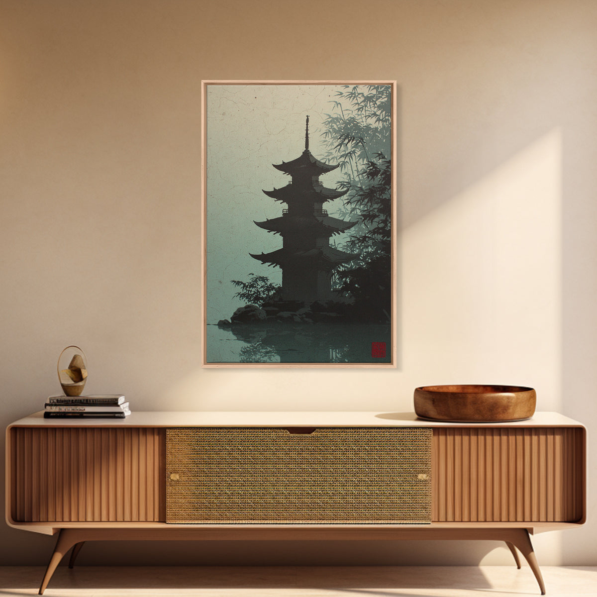 Pagoda Silhouette at Sunset Framed Canvas Print, Asian Inspired Art, Neutral Decor, Living Room Decor, Fine Art, Harmony, ASI-2x3-19